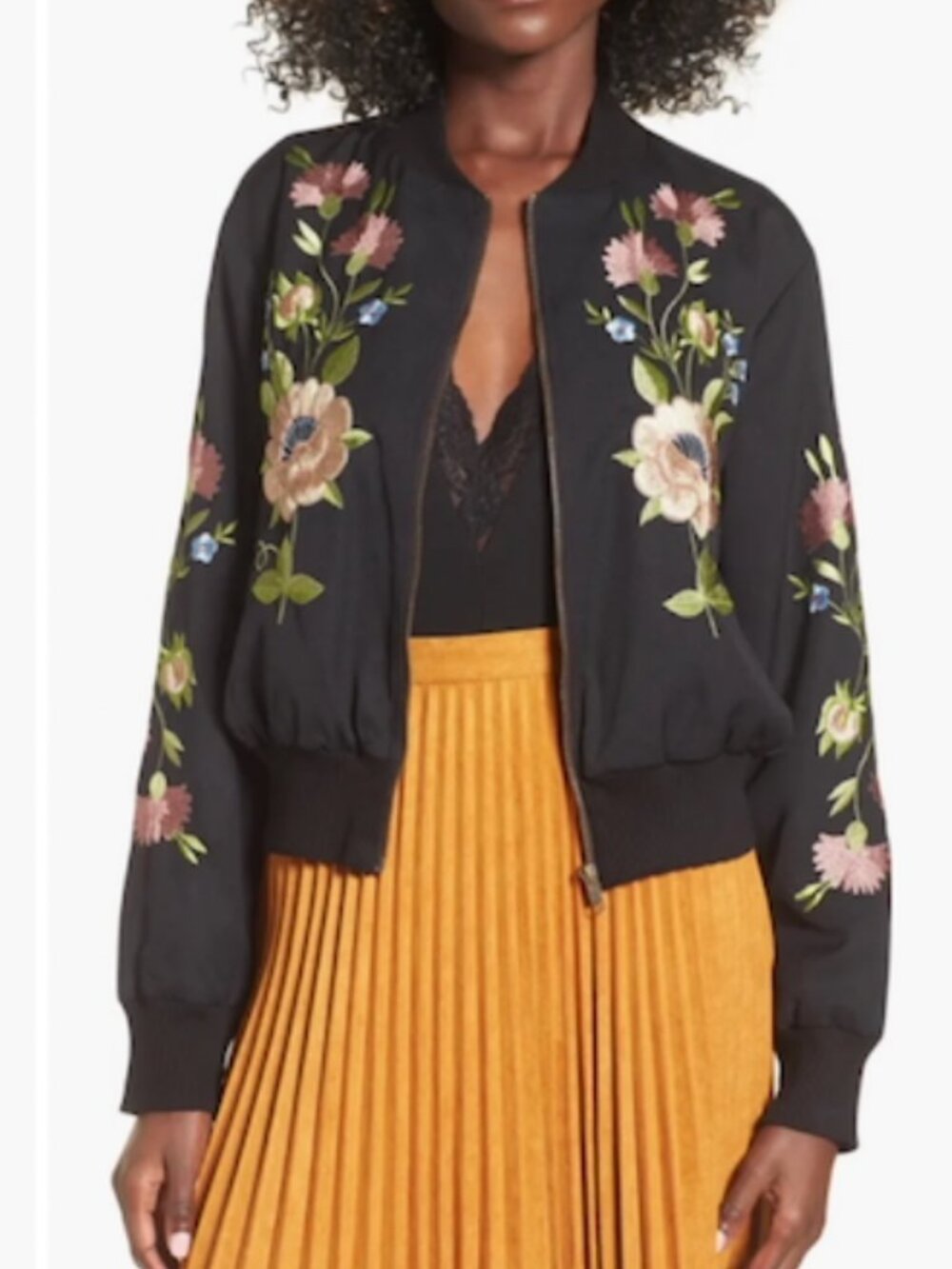 Nordstrom Glamorous Black Embroidered Bomber Jacket Size L